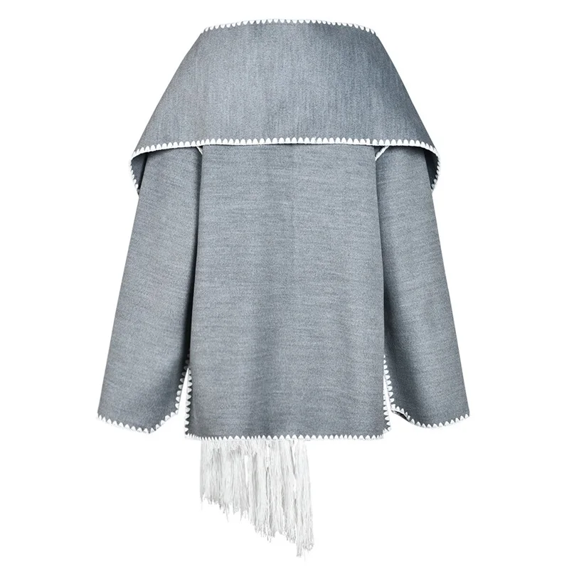 Scarf Collar Fringed Cape Women Long Overcoat Single-Breasted French Style Tops Unique Long Sleeve Cape Coat New Design In Stock