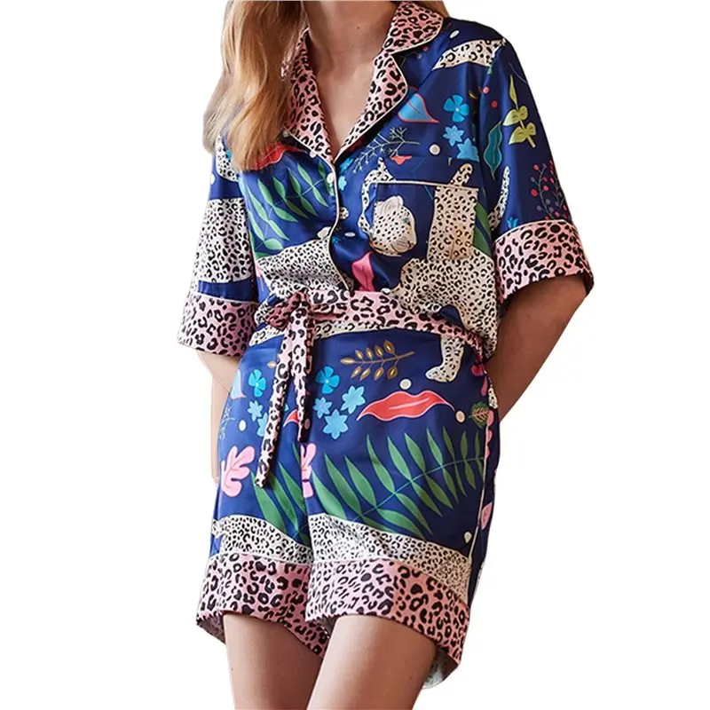 Women's Mixed Print Collared Short Sleeve & Shorts Loungewear Set Blue Snow Leopard XL Eco-Friendly