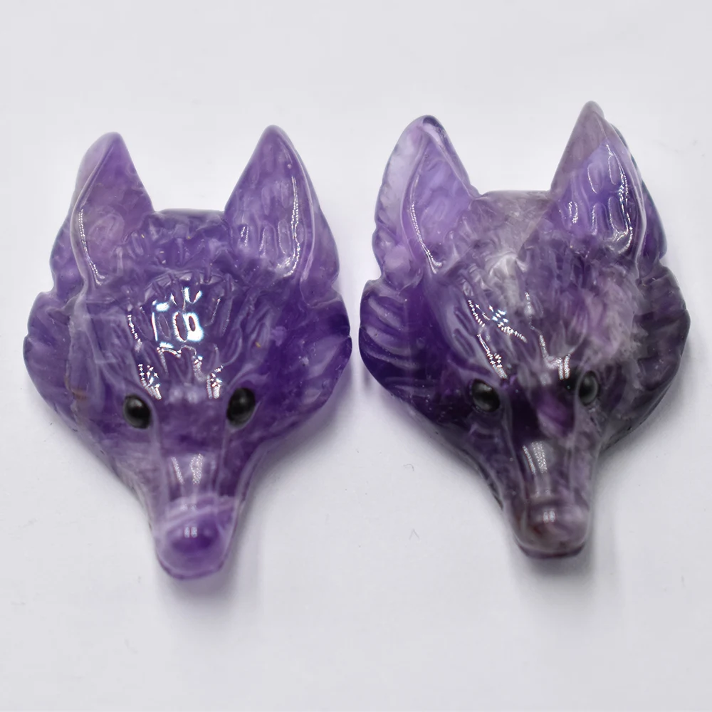 Großhandel 2 Stück/Set Modische Naturstein-Amethyst-Lapislazuli-Anhänger in Wolfskopfform für die Schmuckherstellung. – Detail 3