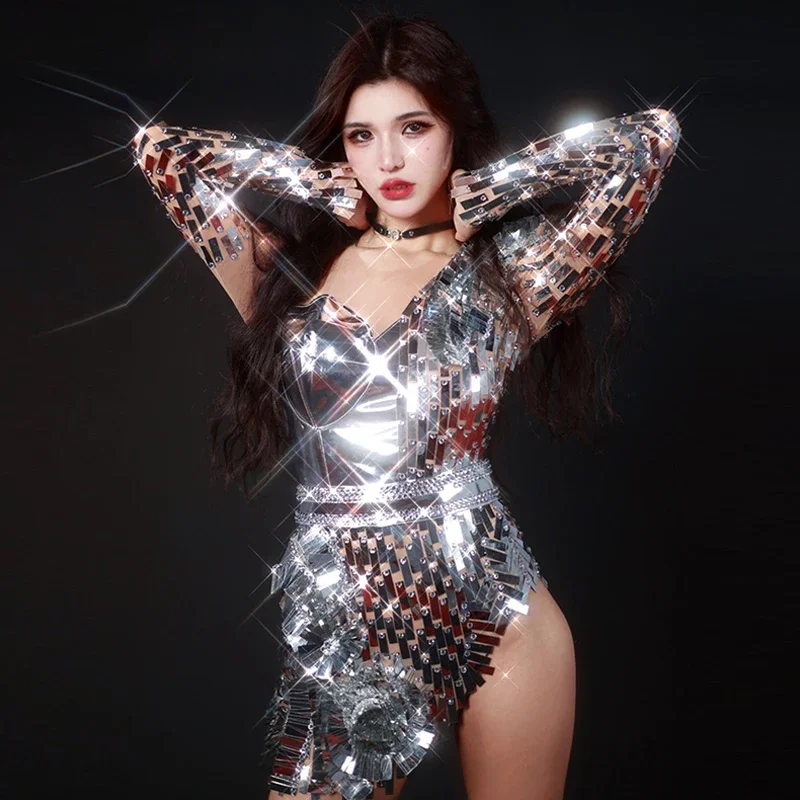 Zilveren Spiegel Jurk Festival Party Rave Outfit Vrouwen Stage Performance Kostuum Gogo Nachtclub Bar DJ Drag Queen Kleding