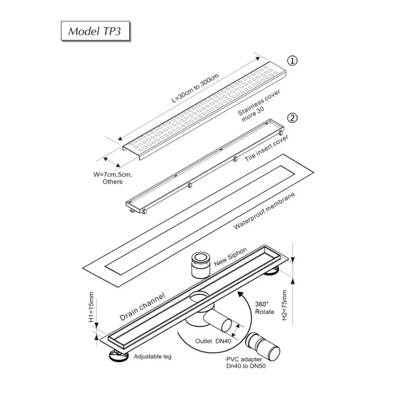 easy to install deodorant linear shower drainage special finish with tile insert grille and 360 swivel base