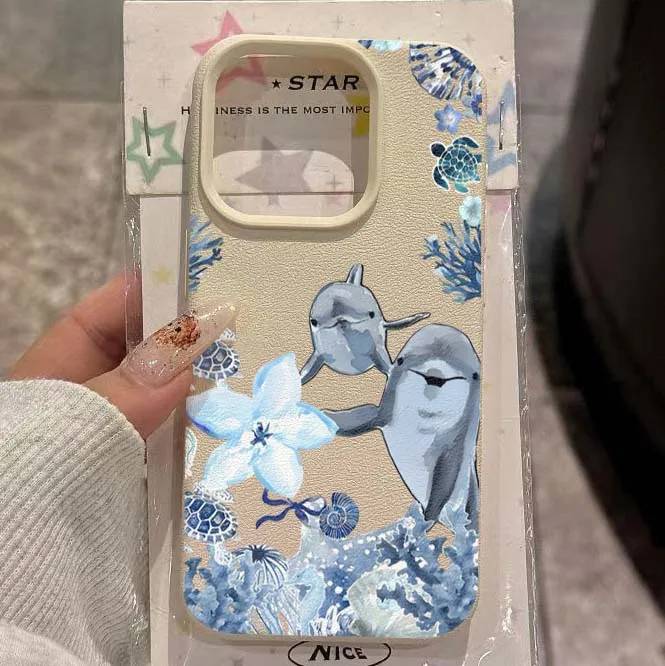 

Case For iPhone 16 Pro Max 15 14 Plus 13 12 11 Dolphin Seastar Coral Shell Lichee Pattern Cover For iPhone XS Max X XR 16e Funda