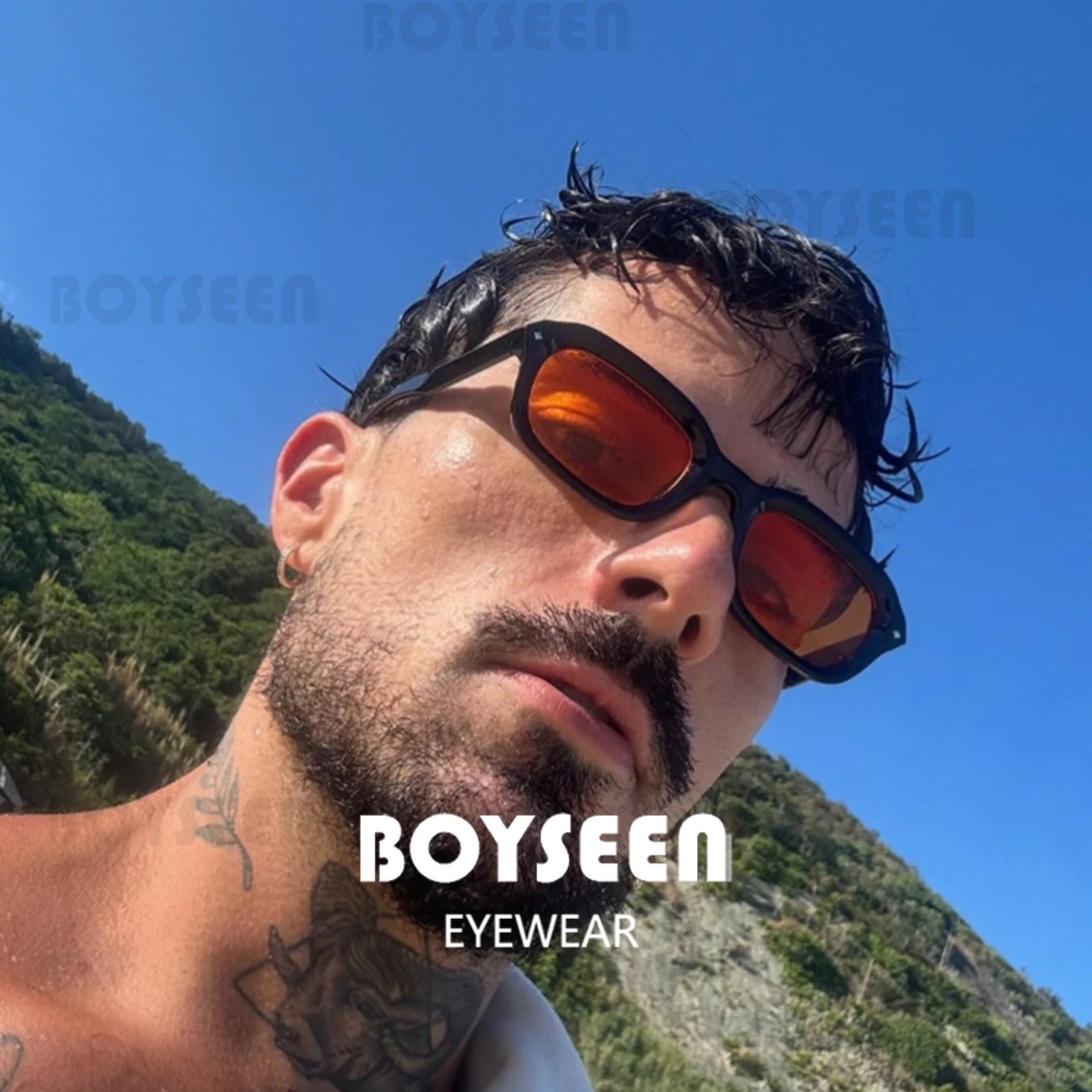 BOYSEEN Beach النظارات الشمسية رجل الصيف البرتقالي نظارات شمسية UV400 إطار ضيق مربع فاسق النظارات الشمسية تظهر