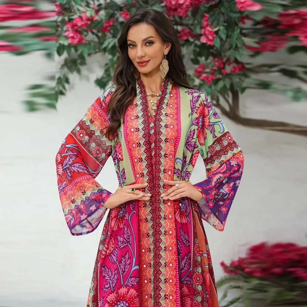 Eid Abaya Women Party Dress Print Jalabiya Diamond Muslim Dubai Longue Vestidos Largos Ramadan Morocco Prayer Caftan Robe Abayas