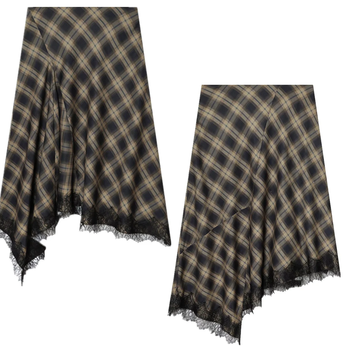 

Jenny&Dave Minimalist British Plaid Skirt Lace Stitching And Asymmetrical Hem MIDI Skirt Skirt Woman Clothing Faldas Skirts