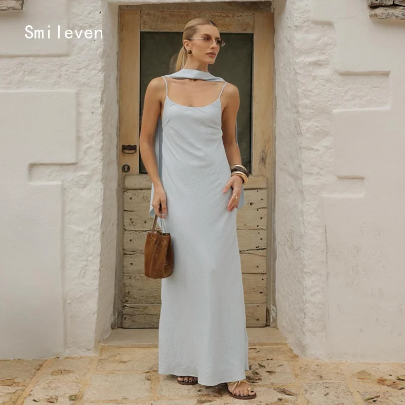 

Smileven Elegant Gray Blue Straight Prom Dress O Neck Party Gowns Spaghetti Strap Occassion Dress Customized 2026