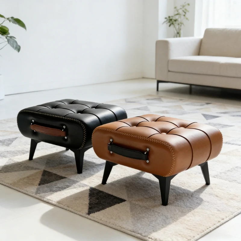 A High-quality Oil-and-wax Leather Low Stool, Footstool, Leather Footrest Stool, Stylish Multifunctional Sofa Side Piece