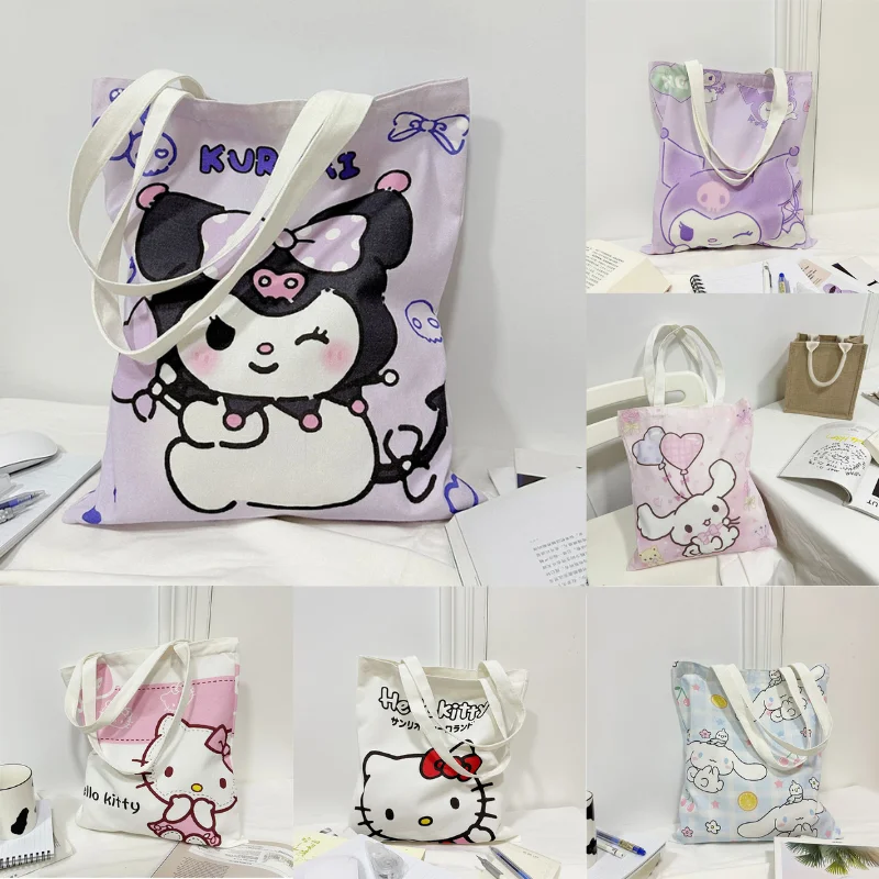 Kawaii Sanrio Canvas Kuromi Hello Kitty Cinnamoroll Cartoon Casual Large Capacity Shoulder Shopping Tote Bags Birthday Gift Kids