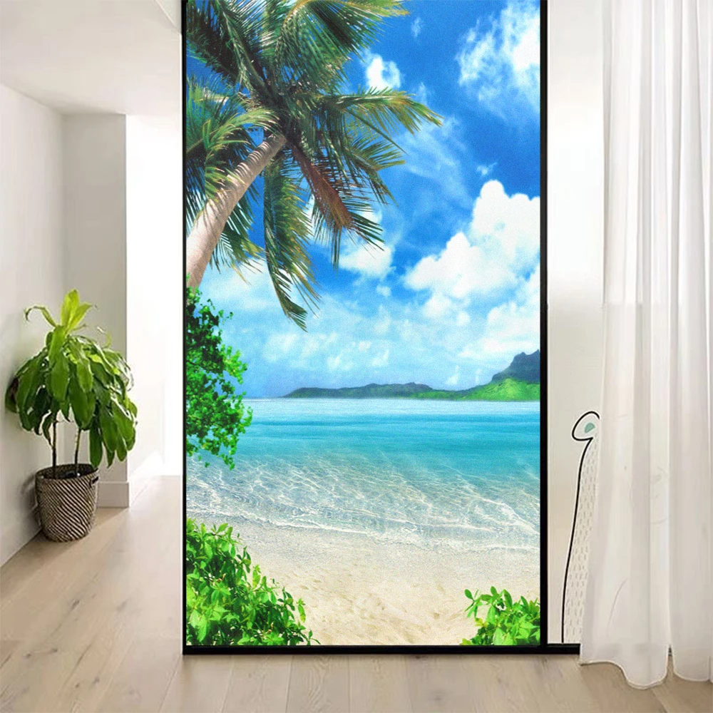 Seascape Pattern Privacy Glass Window Decoration Film PVC Frosted Sliding Door Film Static Clings Non-Glue Anti UV Glass Sticker