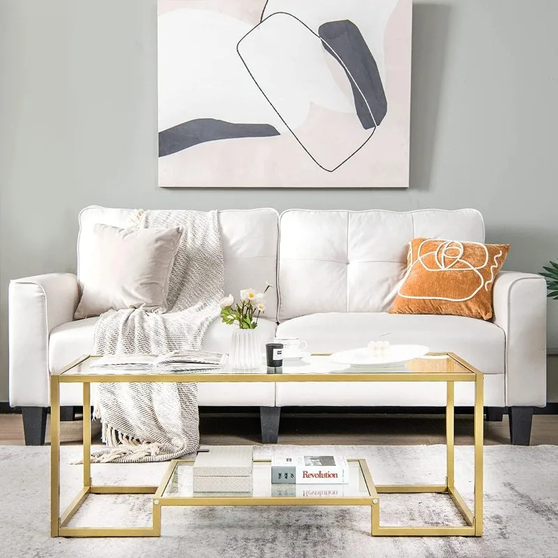 Tempered Glass Coffee Table, 45 Inch Gold Rectangular Modern Center Table with Lower Storage Shelf, Sturdy Metal Frame