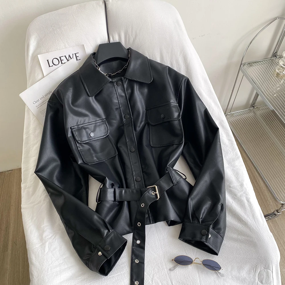 

Women's Trend Glossy Leather Jackets Autumn Winter High Grade Single Breasted Belt Turn Down Collar Coats Fashion Outerwears