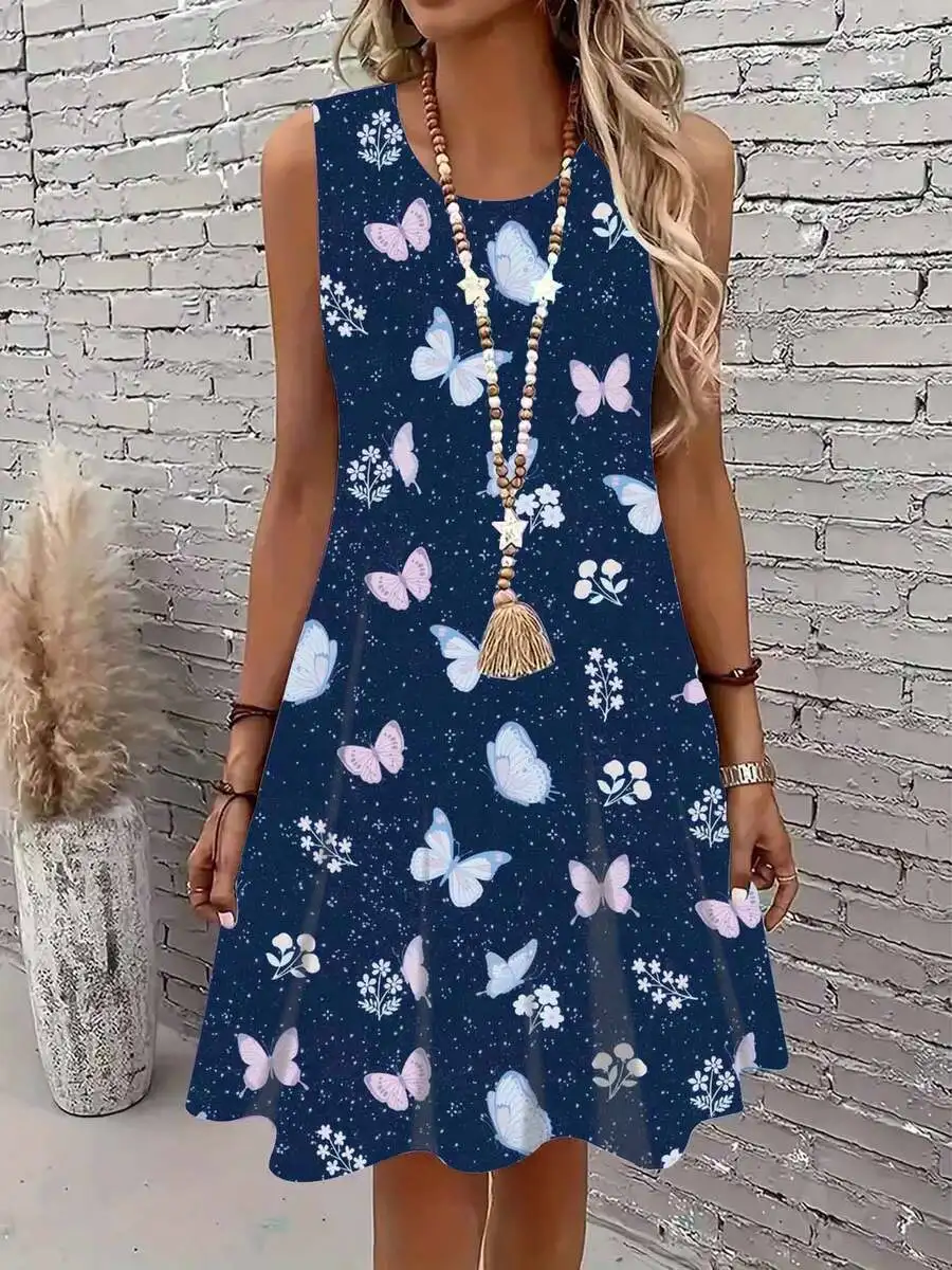 

Butterfly And Floral Print Sleeveless Loose Fit Mini Dress For Women Summer Boho Casual Outfit