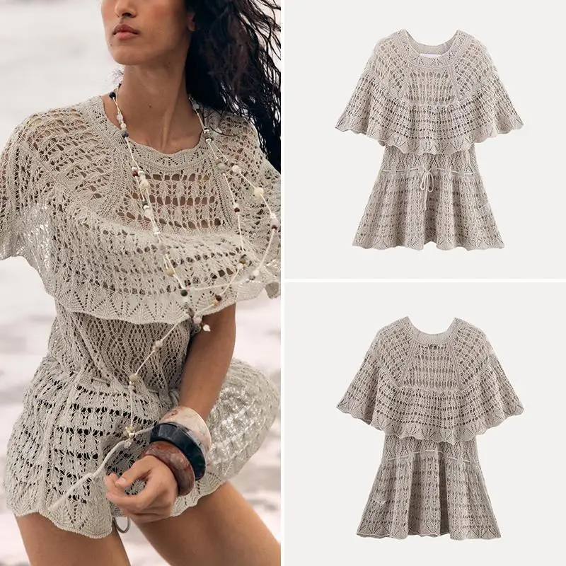 

Новая летняя женская вязаная блузка 2025 года с многослойным декоративным узором из полиэфирного волокна, модный дизайн