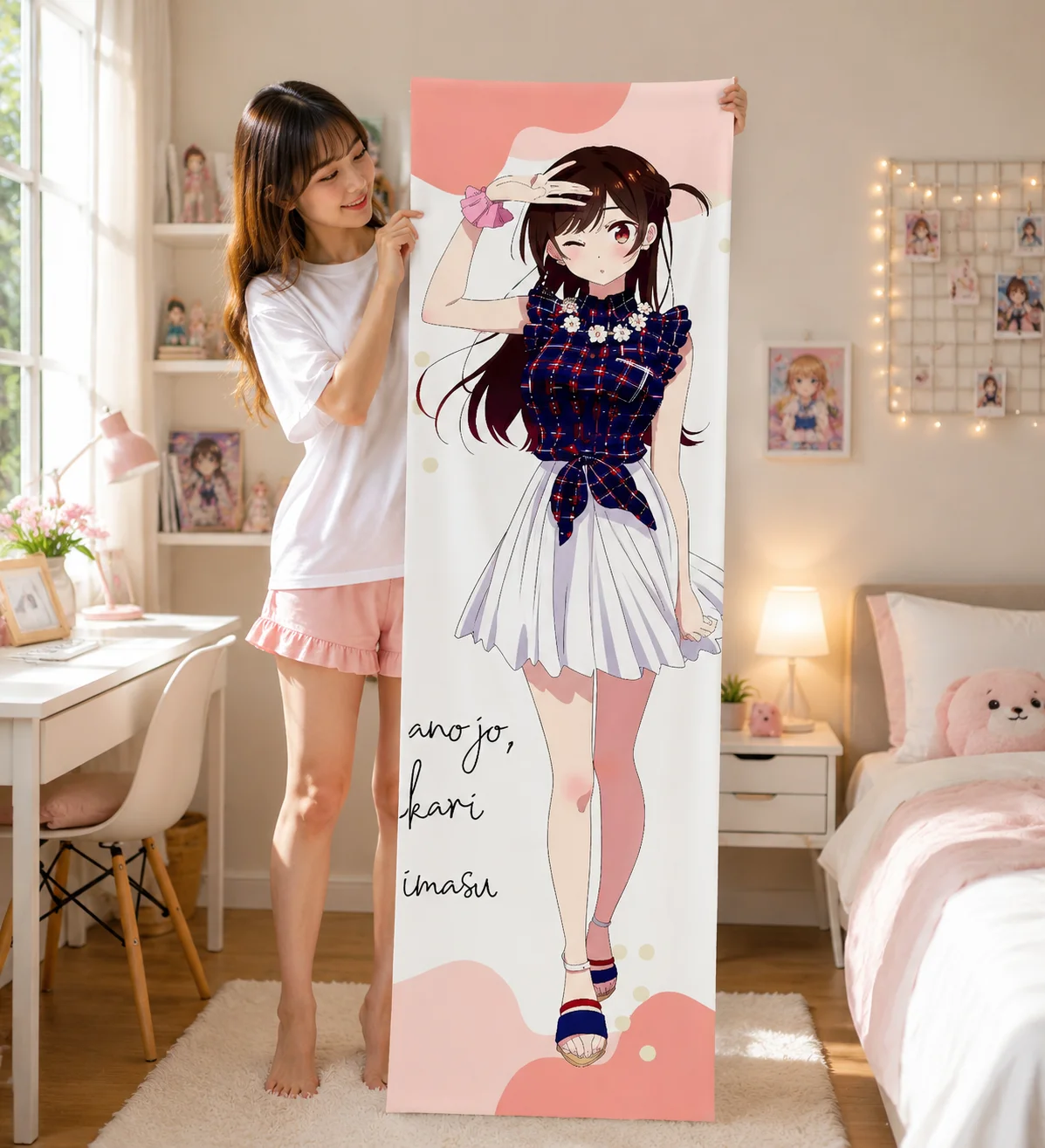 Rent-A-Girlfriend Chizuru Mizuhara Casual Outfit Tapestry, Pink White Anime Long Vertical Wall Hanging for Otaku Bedroom Decor