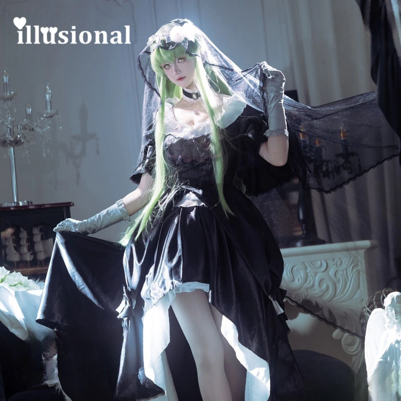 

illusional Anime C C Cosplay Costume C C rose Black Dress Halloween Costumes party dress for Female