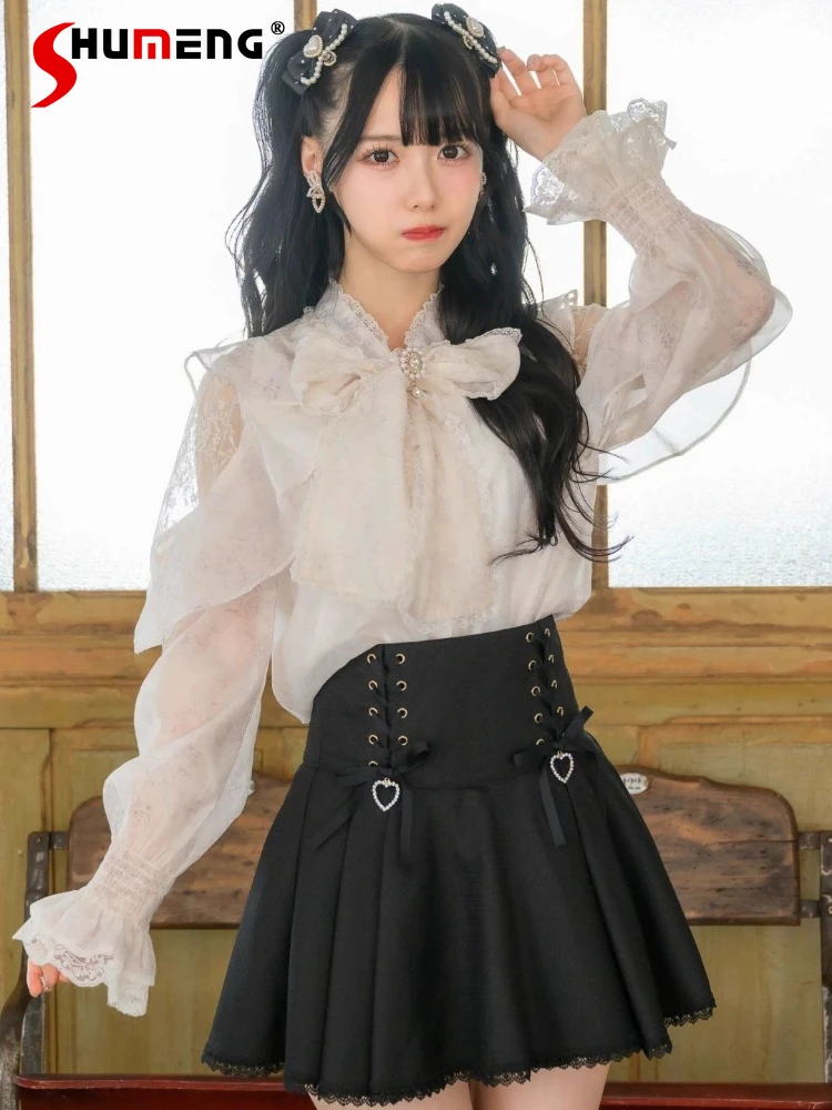 

Japanese Sweet Lolita Big Bow Lace Off-Shoulder Long Sleeve Shirt Autumn New Women's Loose Slim Elegant Blouse Lady Shirt Top