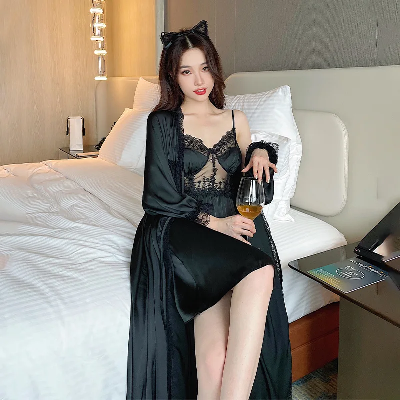 Twinset Robe Gown Set Sexy Women Sleepwear Lace Kimono Bathrobe Nightdress Sleep Suit Satin Home Dress Nightgown