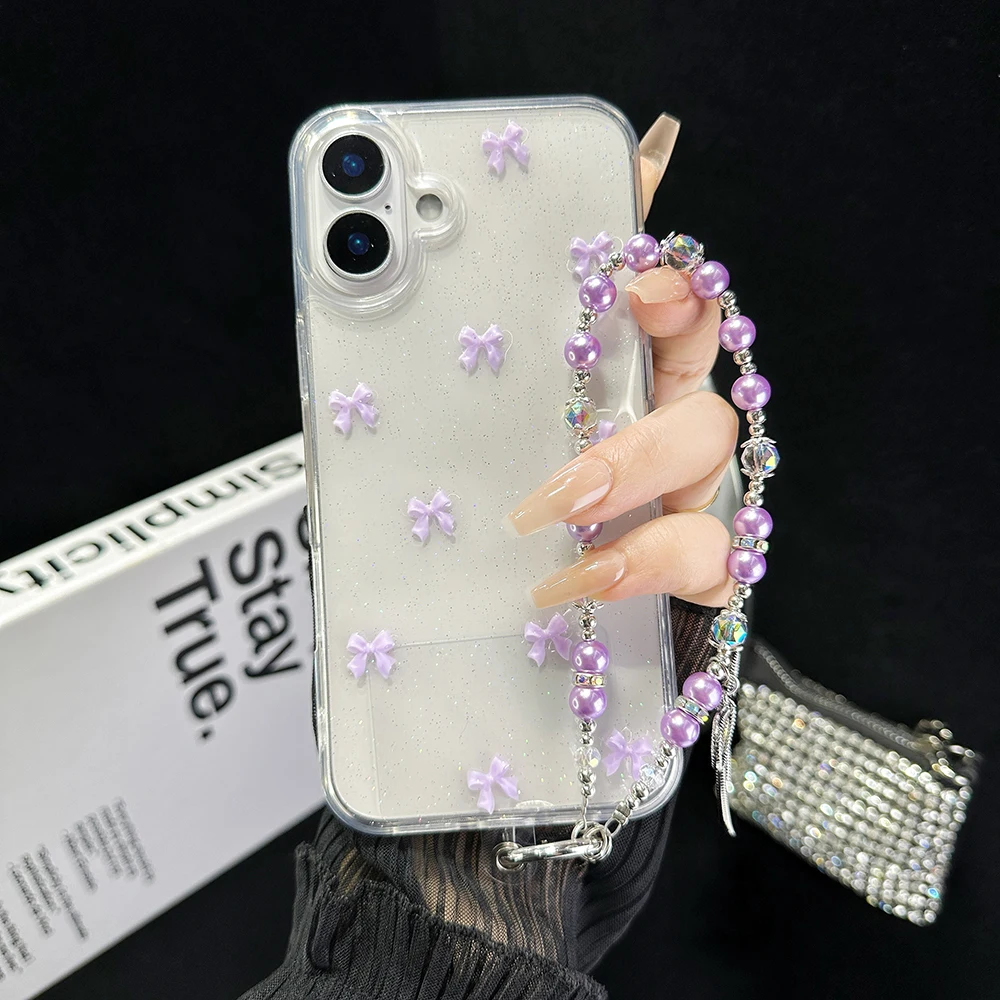 Cute 3D Bowknot Transparent Bracelet Phone Case For iPhone 16 15 14 13 12 11 Pro Max Korea Girl Soft Cover Epoxy Glitter Shell