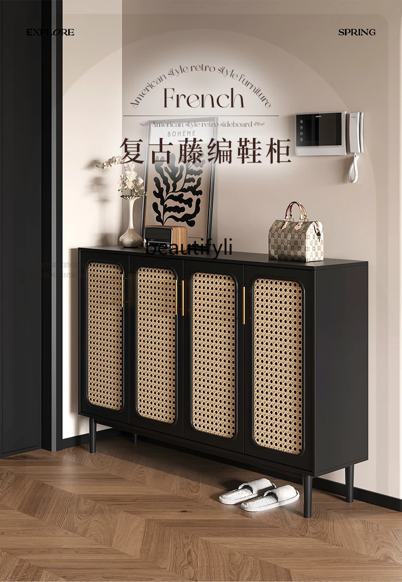 American Rattan Shoe Cabinet Indoor Black Large Capacity Entrance Cabinet Integrated