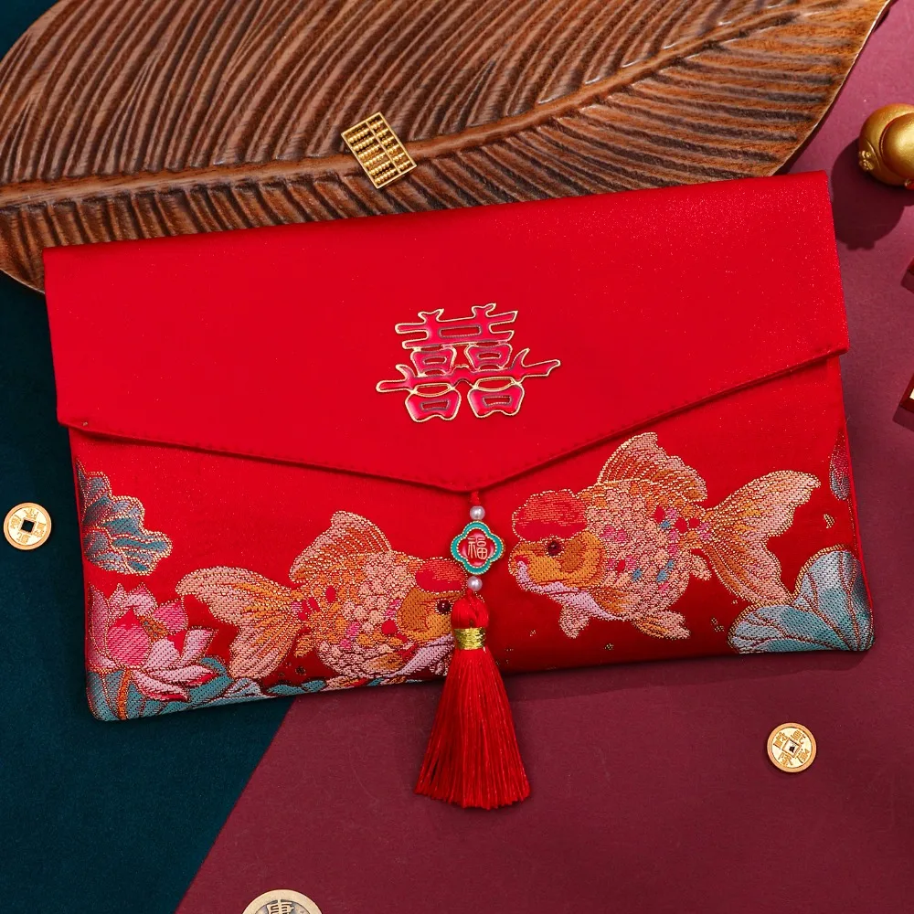 

Красный цвет, счастливые мешочки для денег, вышивка с кисточкой, новогодние красные конверты, высококачественный материал, счастливый узор, карман для денег