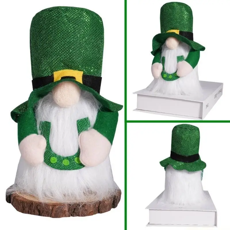 QX2E Patricks Day LED Lighted Gnomes Dolls Figurine for Irish Festival Home Decors