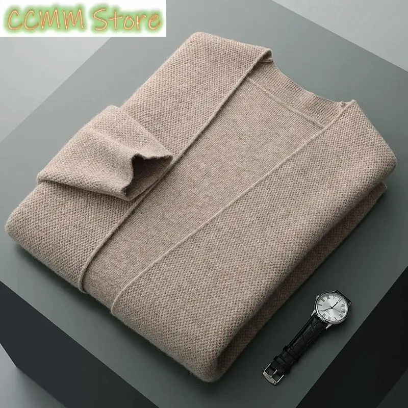 Autumn Winter Men\'s Cashmere V-neck Cardigan Sweaters 100% Merino Wool Knitwear Coat Basic Smart Casual Jacket Korean Clothing