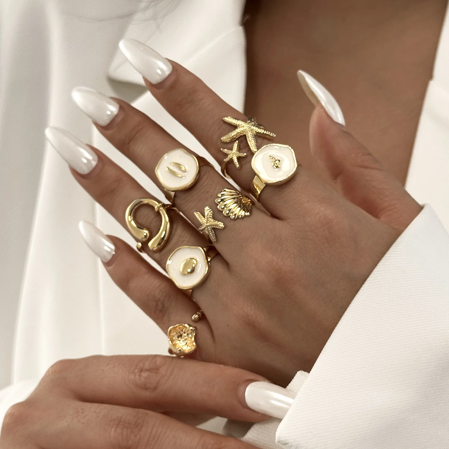 Fashion Irregular Geometry Liquid Metal Starfish White Drip Glaze Fan-shaped Shell Adjustable Joint Ring for Women Jewelry Gifts