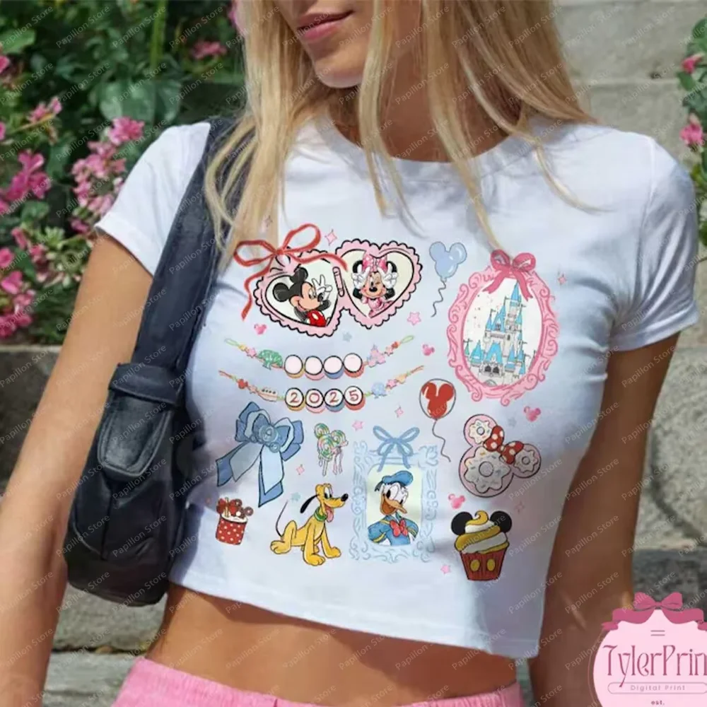 2025 Y2k Mickey Minnie Disney Couple Girls Gift Friends Cropped Top Crop Coquette Bow Short Sexy Shirts Clothes Tee Disneyland