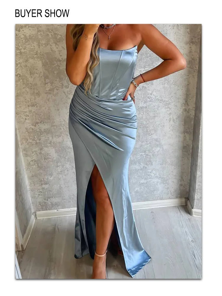 Wedding Party Bridesmaid Dress Strapless Blue Stain Pleated Slit Open Back Bodycon Evening Prom Gown Cocktail Summer Fashion