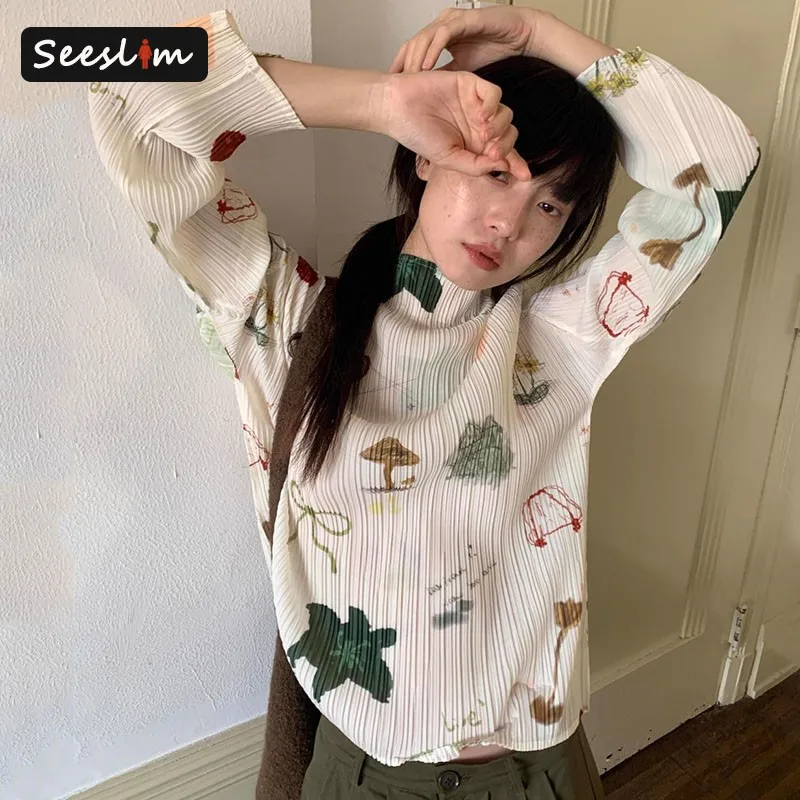 Seeslim Fairycore Turtleneck Graphic T Shirts Woman Clothes Long Sleeve Korean Fashion 2000s Clothes Y2k Autumn Tops Tees Female