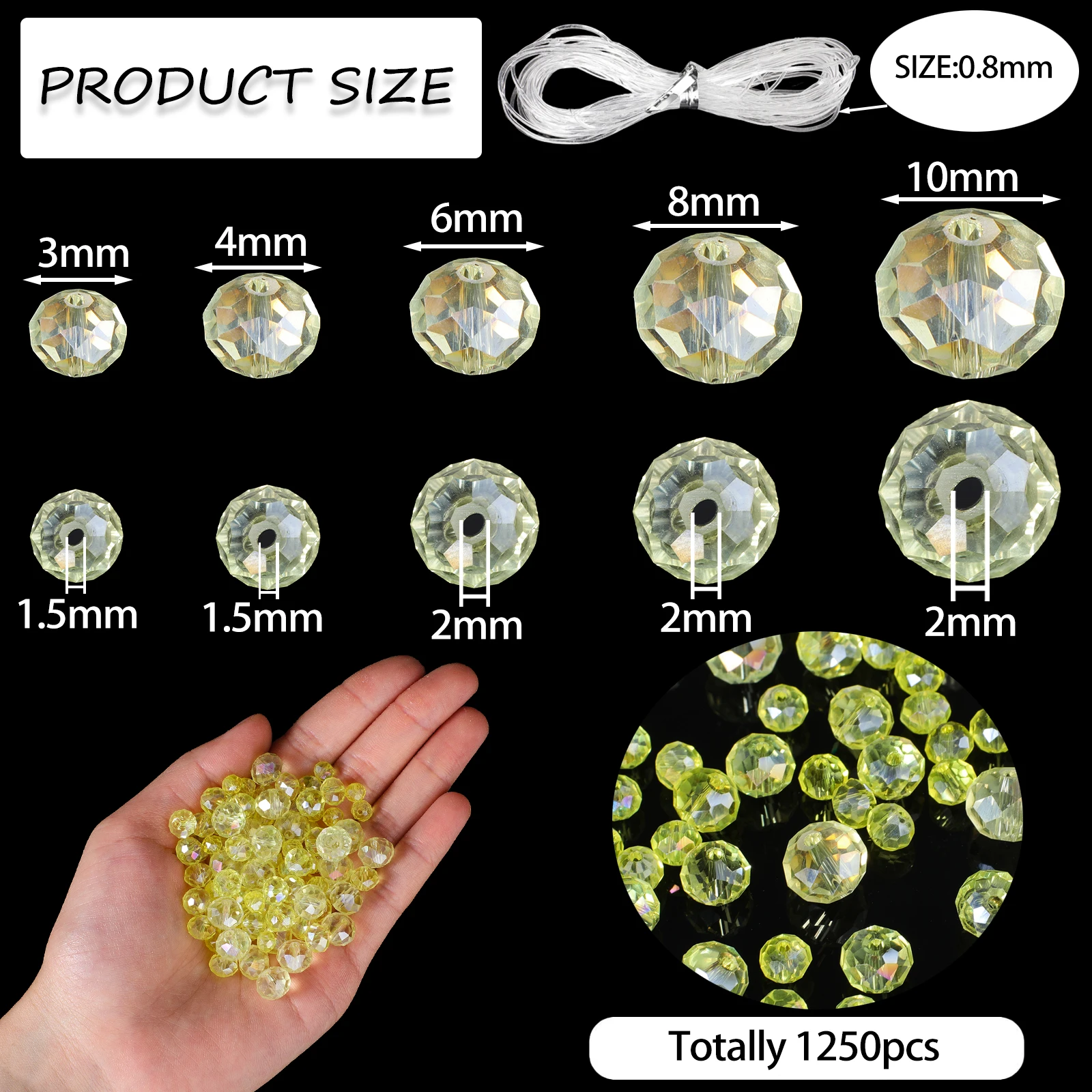 AB Yellow Color Crystal Beads Kit Faceted Round Shape Glass Charms Spacer Beads for DIY Jewelry Pendant Necklace 1250pcs