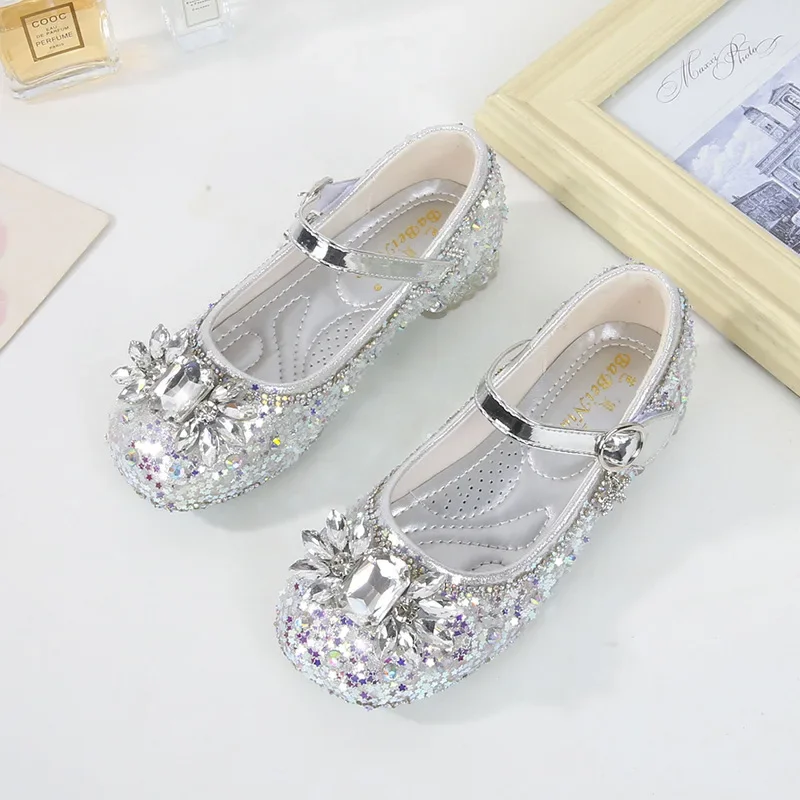 Bambini ragazze tacchi alti bambine calzature da principessa in pelle di cristallo nuove feste per bambini, balli, scarpe con paillettes per