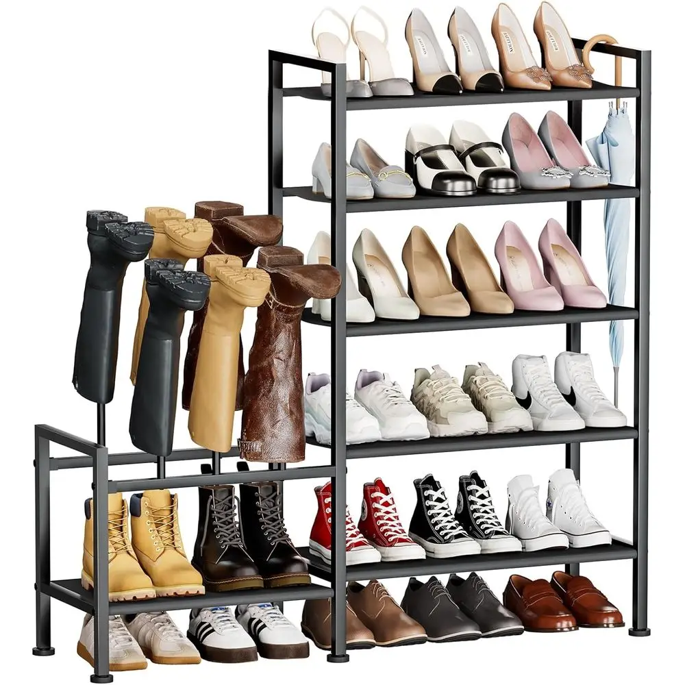 

Shoe Rack Organizer and Storage - 5 Tier Metal+Non-Woven abric Shoe Rack with Boot Storage & Side Any Combination - Space Saving