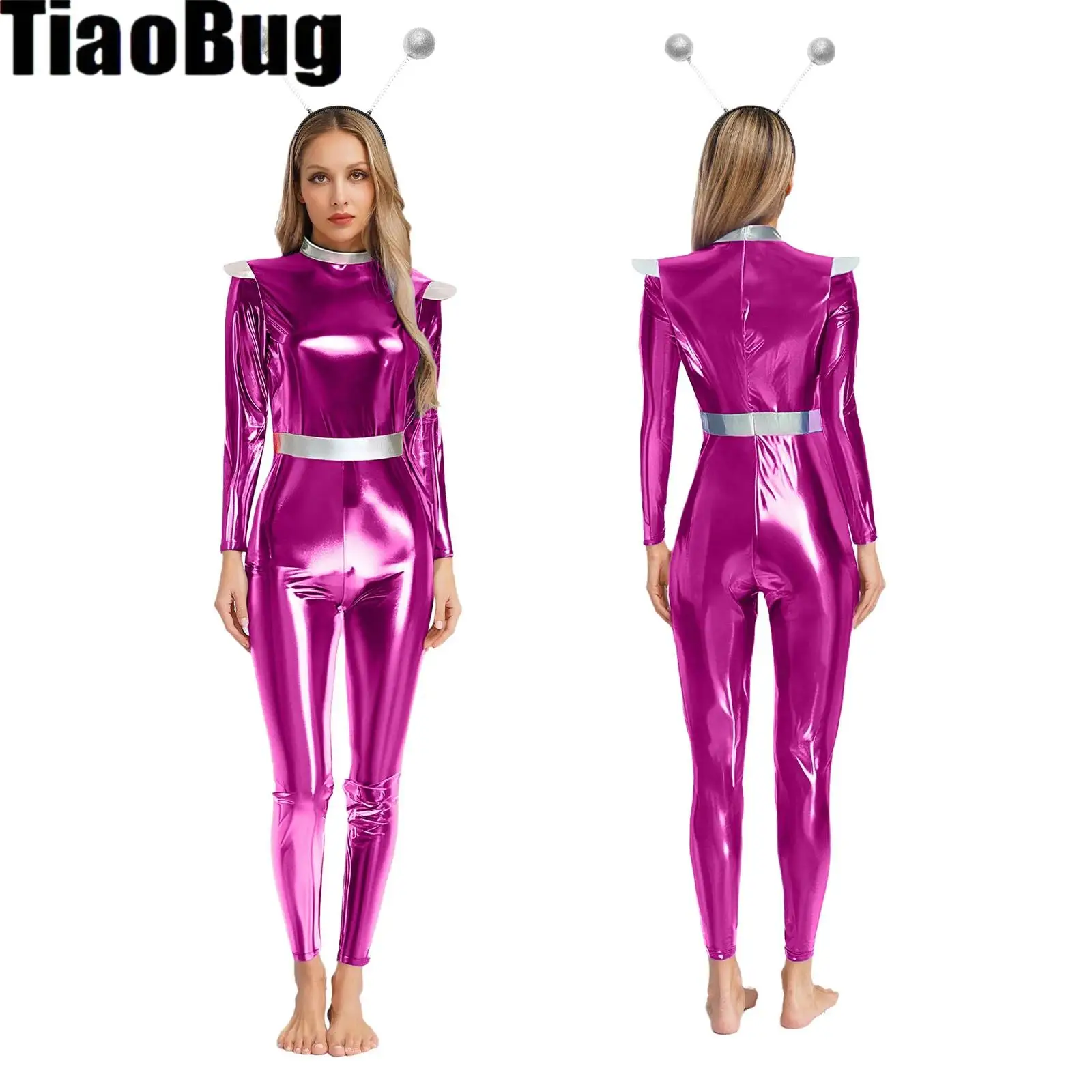 

Womens Metallic Alien Robot Astronaut Jumpsuit with Headwear Long Sleeve Full-body Shiny Unitard for Halloween Cosplay Party