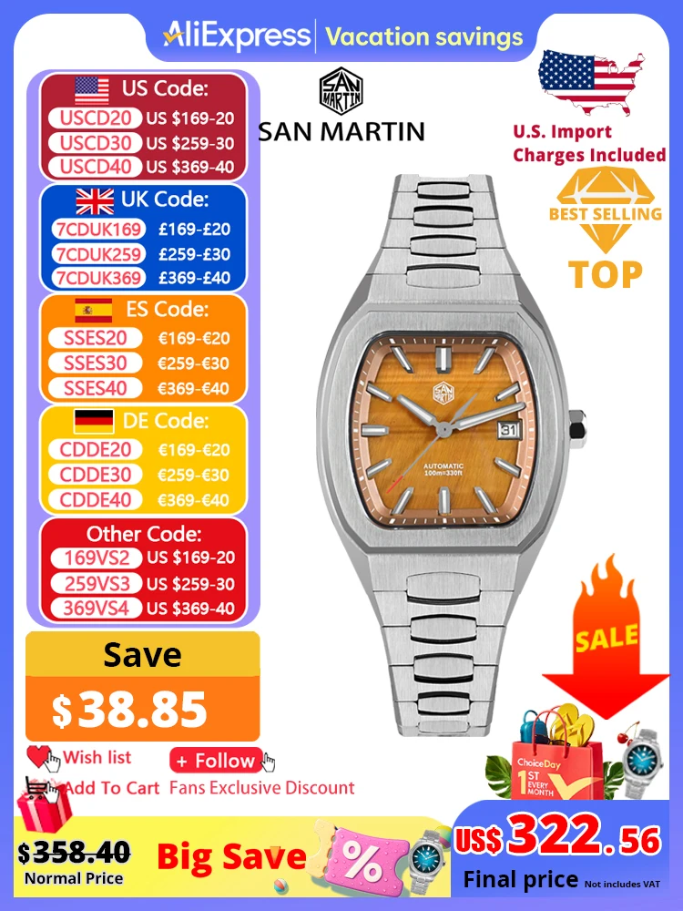 San Martin 39,5 мм Tonneau Роскошные мужские часы с минеральным циферблатом Повседневные спортивные PT5000 SW200 Автоматические механические сапфировые светящиеся SN0145