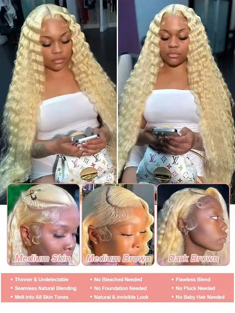 250% 30インチ 613 #   ブロンドカーリーウィッグ人毛13x4 HDディープウェーブレースフロントウィッグ人毛女性用プレプラッキング済み200%密度