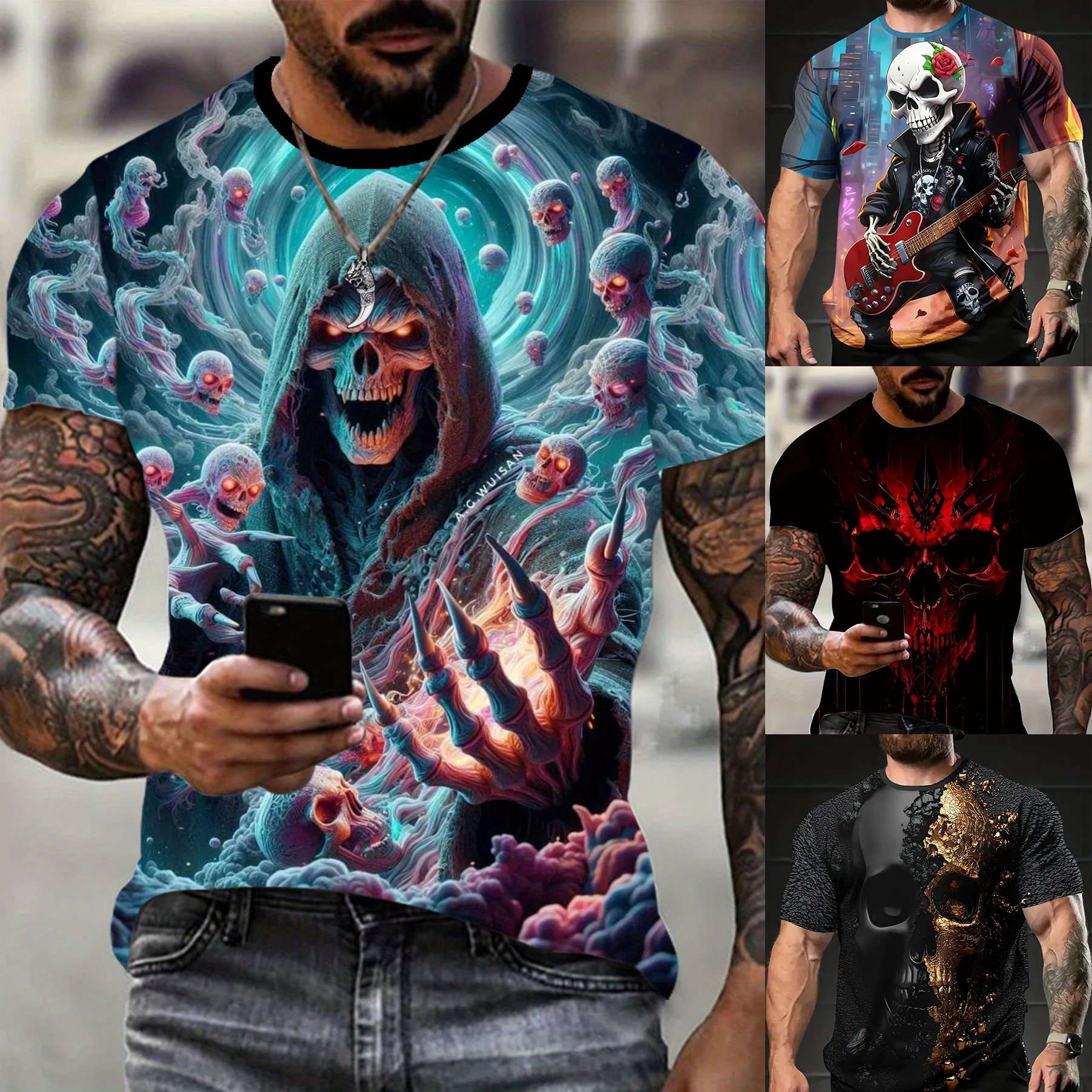 Men's 3DPrint Skull Guitarist & Rose Rock Graphic T-Shirt Casual Short Sleeve Tee for Summer Gothic Oversized Hip Hop Streetwear