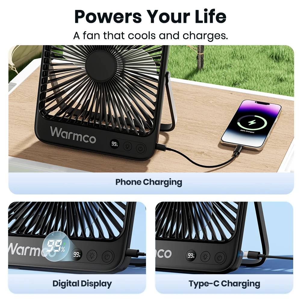 Warmco D4 Portable Desk Fan 20000mAh Rechargeable Camping Fan & LED Light 48Hrs Runtime 8" Silent Personal Fan Digital Display image 4