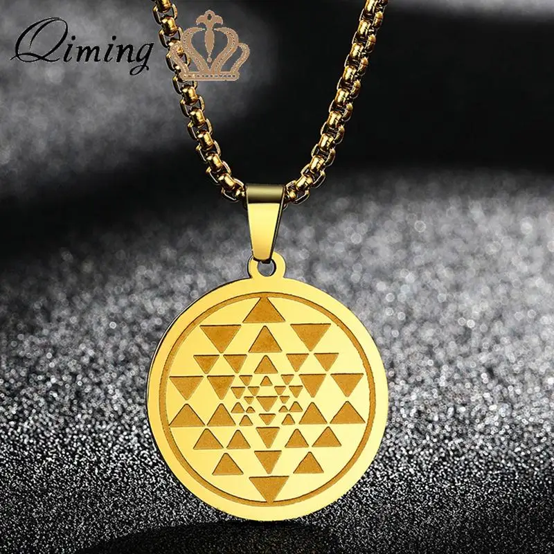 QIMING Gold Sri Yantra Stainless Steel Pendant Necklace Women Sacred Buddhism Amulet Jewelry Choker Necklace