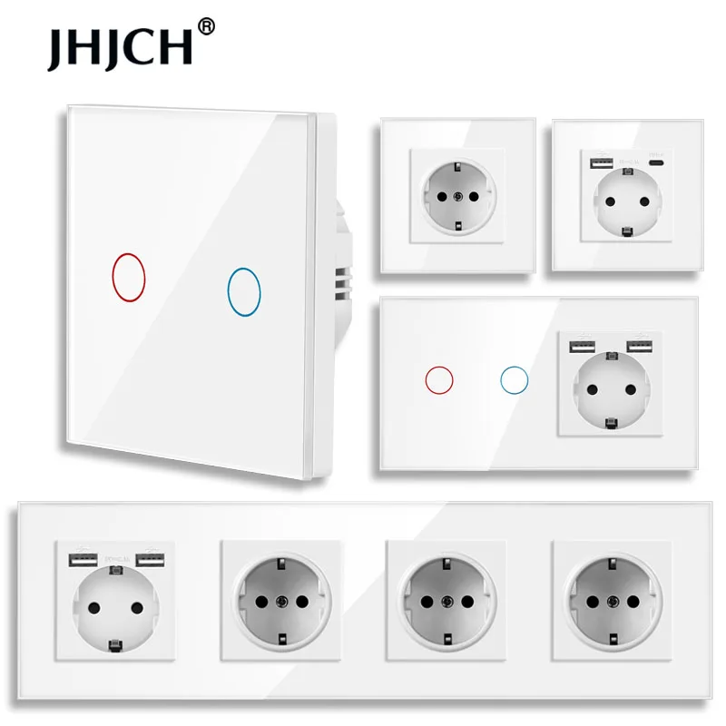 JHJCH touch switch, EU standard, white crystal, glass panel, touch switch, Ac220v, 1 set, 1 way, wall light, wall touch screen