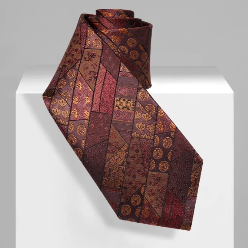 High Quality 100% Silk Retro Coffee Geometric Pattern Wool Lining Silk Tie 9CM Wide Men's Business Banquet Handmade Knotted Tie