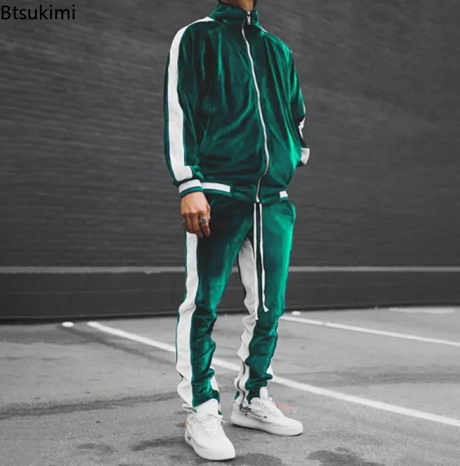 2024 Vintage Velvet Sets Men's Fashion Splice Stand Collar Zipper Tops and Sport Pants Two Piece Set Men Casual Tracksuit Outfit