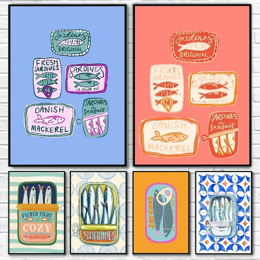 Póster colorido de sardina, lata de pescado, océano, Animal, pintura en lienzo, cafetería, Bar, decoración de pared de habitación