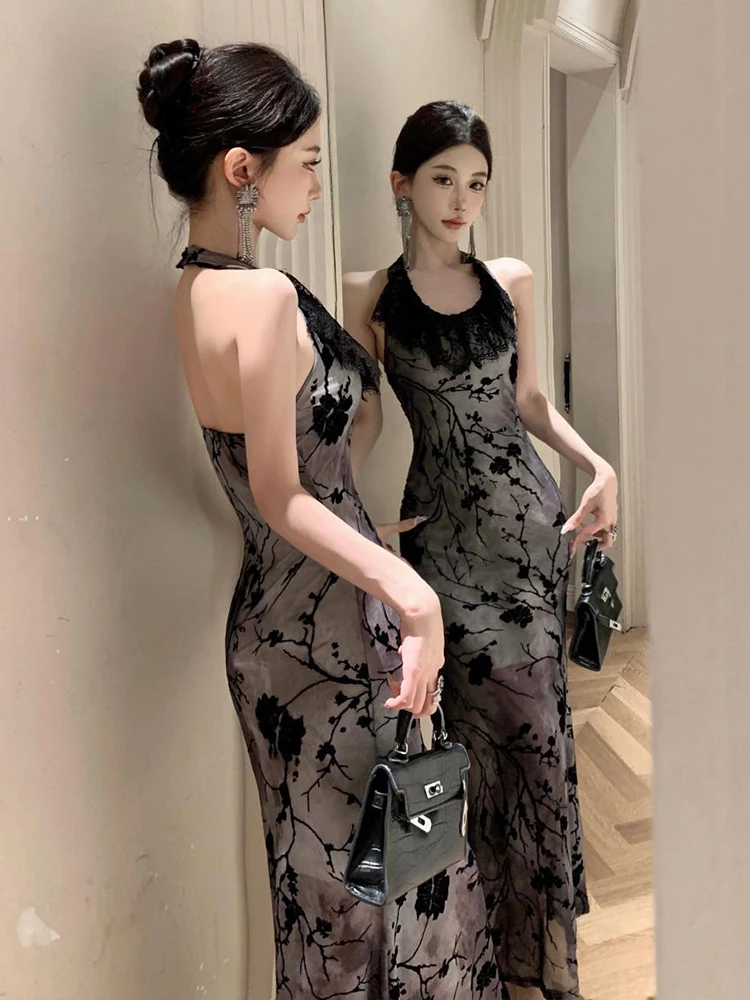 Retro Elegantชุดราตรียาวเสื้อผ้าผู้หญิงหวานHoliday Sheerลูกไม้สีดําRuffles Halter Backless Robe Party Prom Vestidos