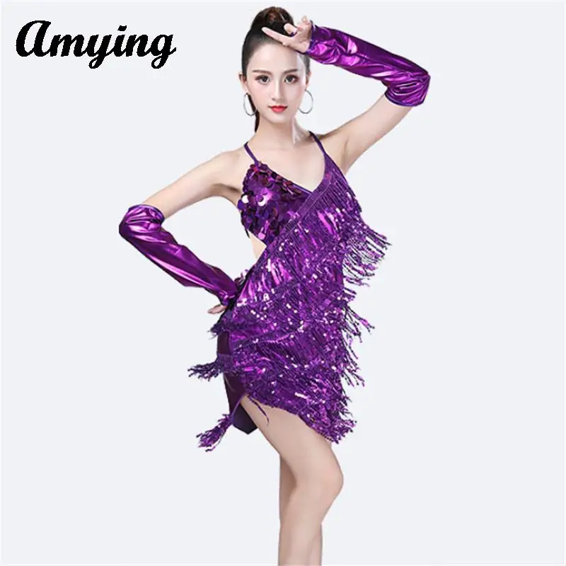 Vestito latino da donna Costume da spettacolo teatrale Set abito da competizione cinturino con paillettes abiti da ballo aperti Rumba Dance Practice Dress