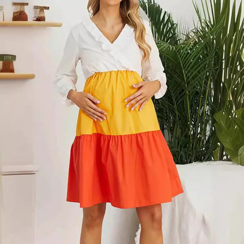 Women's Maternity V-Neck Simple Sweet Dress Long Sleeve Color Contrast Comfortable Pregnancy Wear for Spring & Summer
