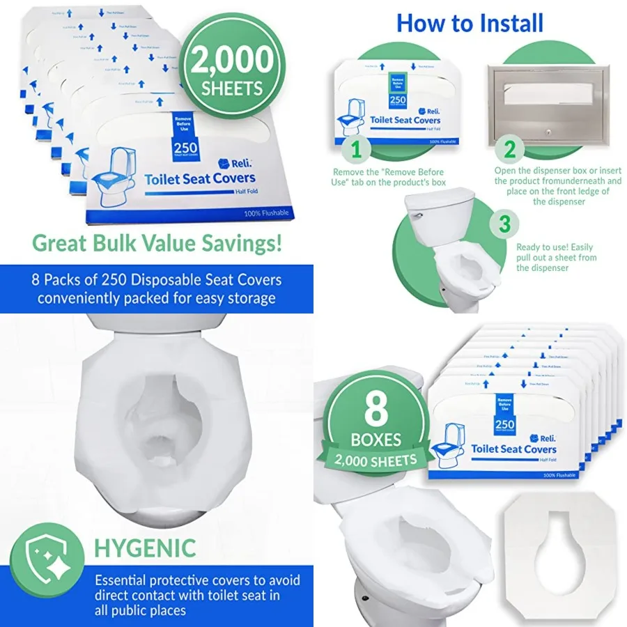 

Reli. Toilet Seat Covers 2000 Pcs 8 Packs of 250 Disposable Toilet Seat Cover Flushable 14x16 (HalfFold) Paper Liners for Restr