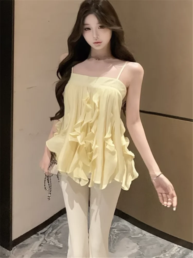 

Holiday Summer Yellow 2 Piece Sets Slash Neck Ruffles Camis Top&High Waist Long Flare Pants Suits Vacation 2pc Matching Outfits