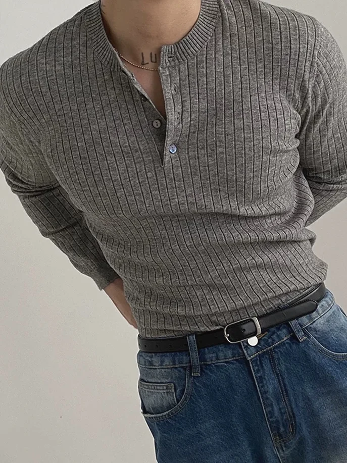 American Style Hard Man Knitted Henry Shirt Muscle Men Slim Fit Elastic Long Sleeve Sweatshirt Twist Core Yarn Wool Trendy