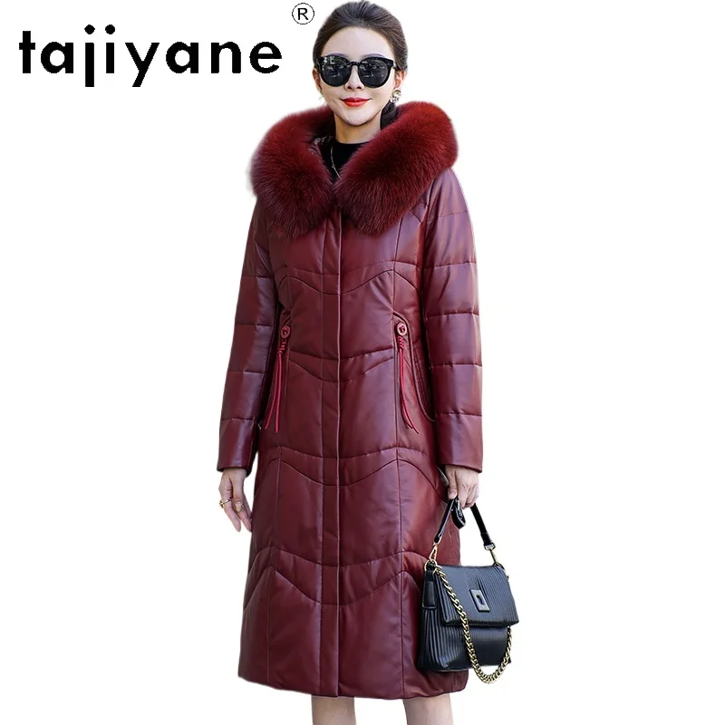 TAJIYANE سترة منفوخة من الجلد الحقيقي للنساء 100% من جلد الغنم أنقرة معاطف حمراء طويلة مع ياقة من فرو الثعلب ملابس شتوية 2025